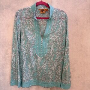 Tory Burch Coral Print Tunic Aqua Blue Trim Collar Long Sleeve Side Zip Size 12